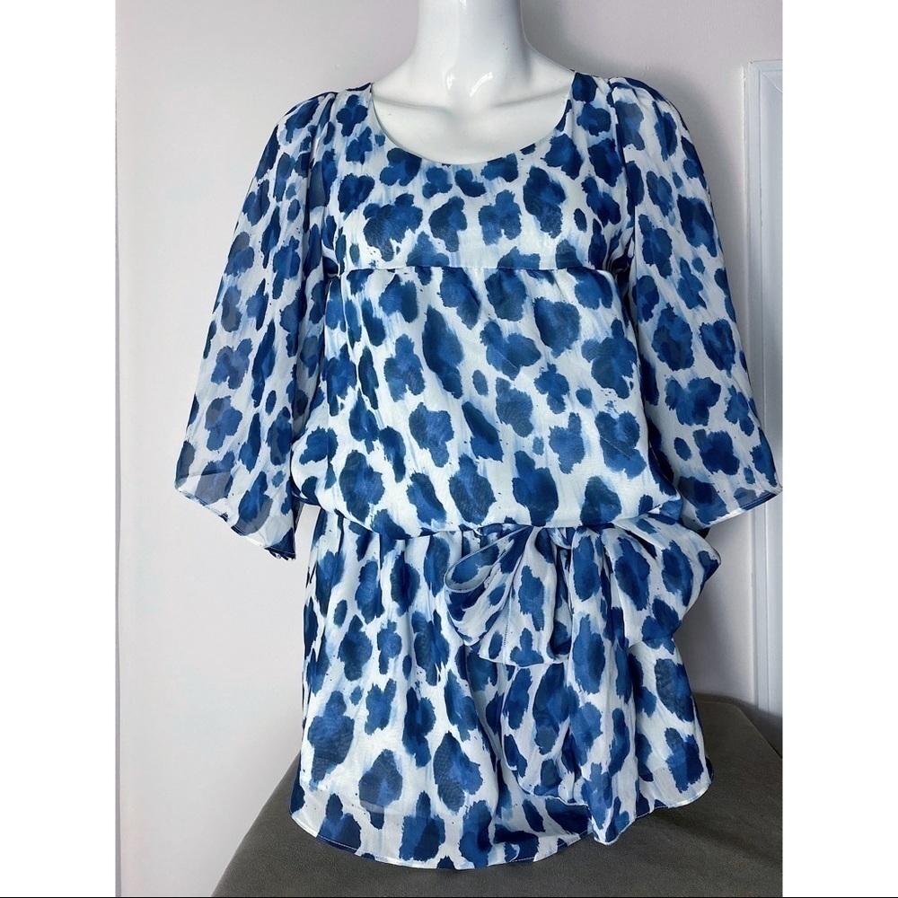 Barneys New York Blue Watercolor Polka Dot Peplum Blouse Top Size Small